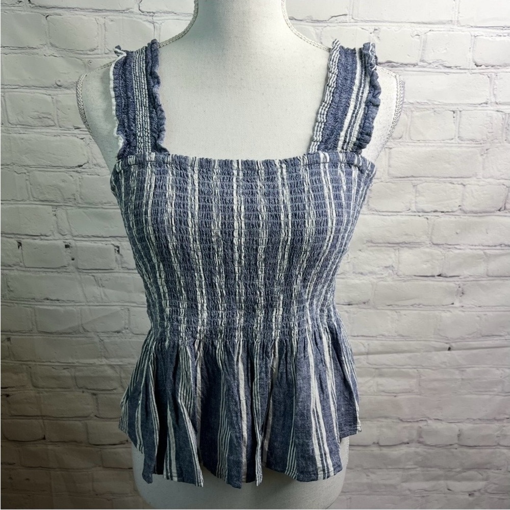 MAEVE Anthropologie Smocked Peplum Top Linen Blend Large